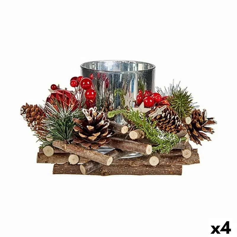Christmas Candle Holder Wood Red Green Silver Natural 20 x 11 x 20 cm (4 Units)