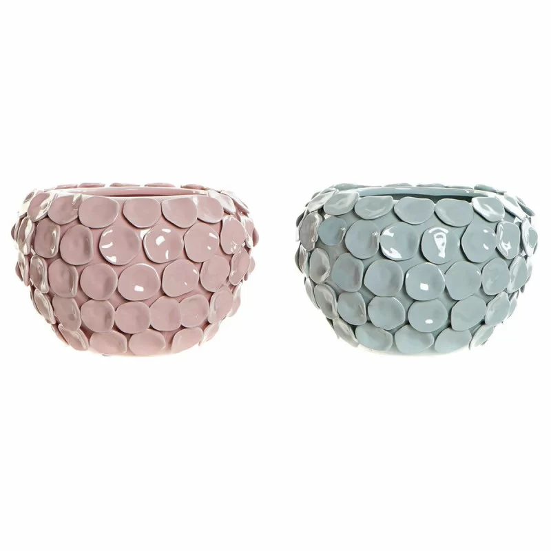 Vase DKD Home Decor 24,5 x 24,5 x 17 cm Pink Turquoise Stoneware Modern With relief (2 Units)