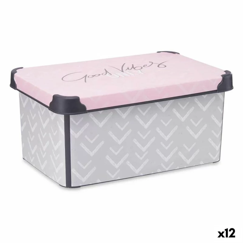 Storage Box with Lid Vibes Grey Pink Plastic 10 L (22,7 x 16,5 x 34,5 cm) (12 Units)