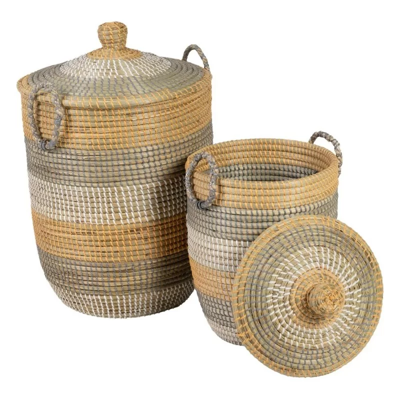 Set of Baskets Grey Natural Marine algae Natural Fibre 38 x 38 x 58 cm (2 Pieces)