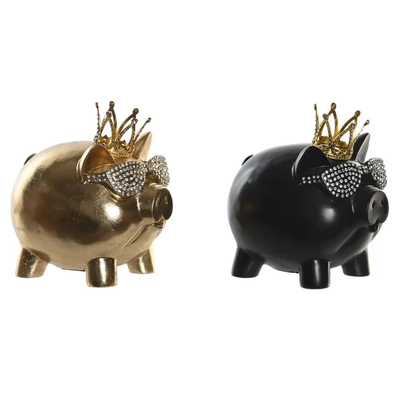 Decorative Figure DKD Home Decor 13,5 x 11 x 14 cm Black Golden Pig (2 Units)