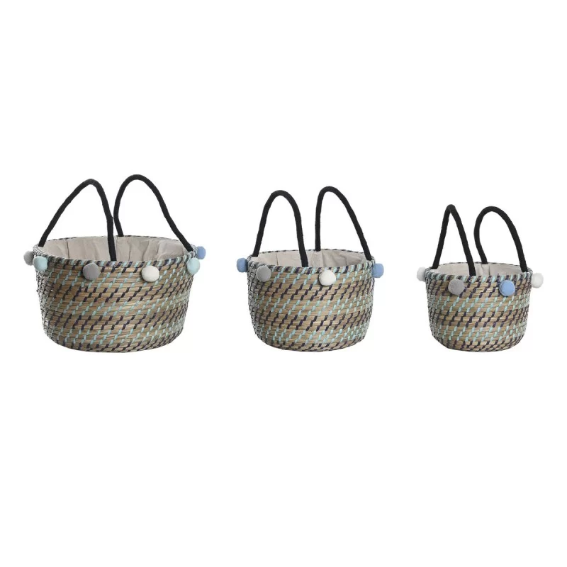 Basket set DKD Home Decor Polyester Pompoms 43 x 43 x 43 cm Seagrass