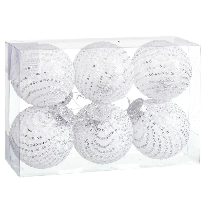 Christmas Baubles White Silver Plastic Fabric Sequins 8 x 8 x 8 cm (6 Units)