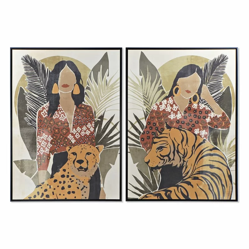 Painting DKD Home Decor Lady Tiger 104 x 4,5 x 144 cm Animal Tropical (2 Units)