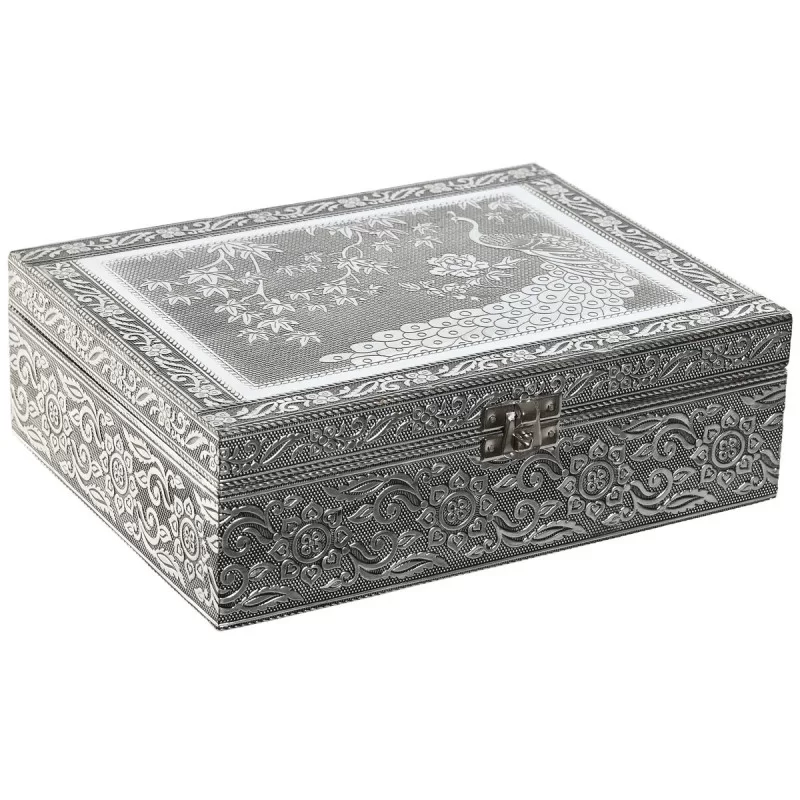 Jewelry box Home ESPRIT Green Silver Wood Aluminium 22,5 x 17,5 x 7,6 cm