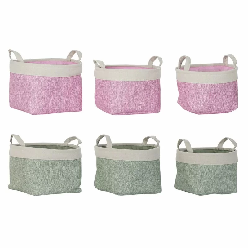 Basket set DKD Home Decor 8424001855797 32 x 32 x 23 cm Beige Pink Polyester Green (2 Units)
