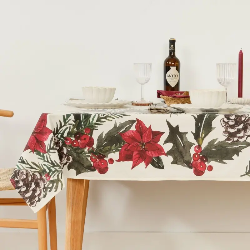 Stain-proof resined tablecloth Muaré Christmas Flowers 300 x 140 cm